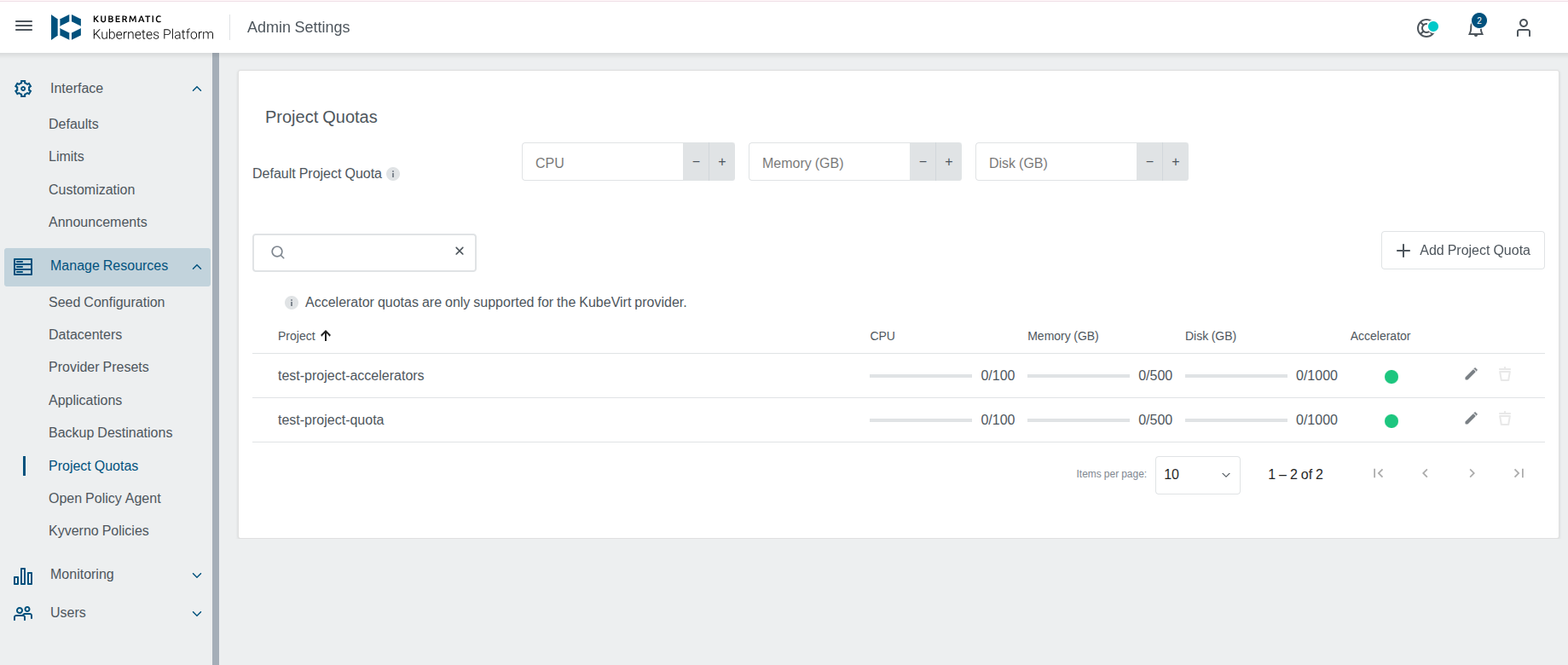 Accelerator status in the project quotas list